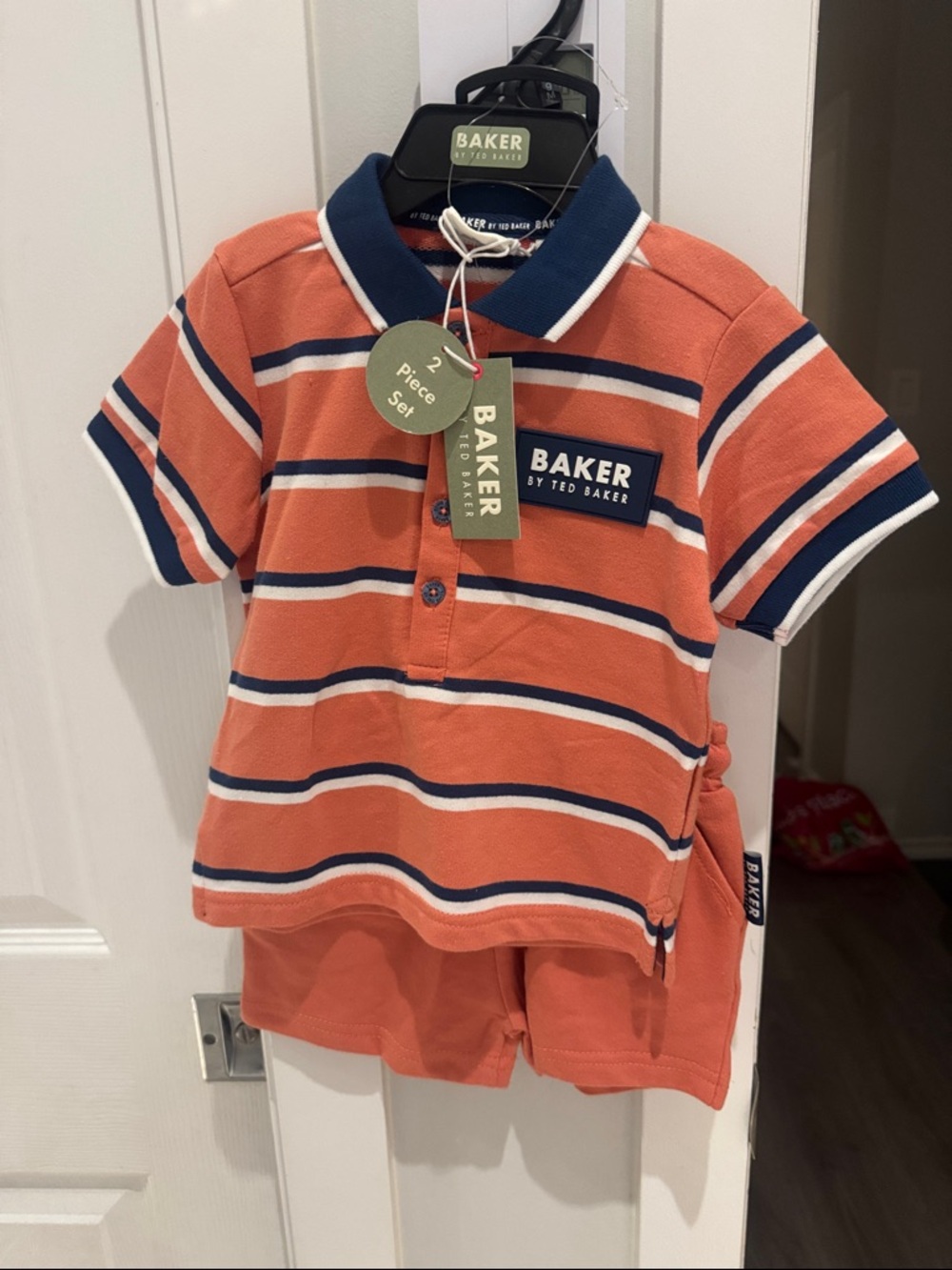 Baker by Ted Baker Orange Navy White Striped Polo & Shorts Set